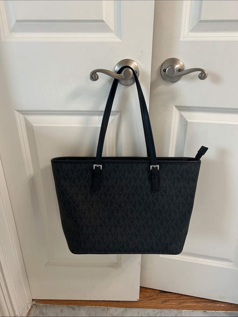 Michael Kors Black MK Monogram Tote with Silver Hardware